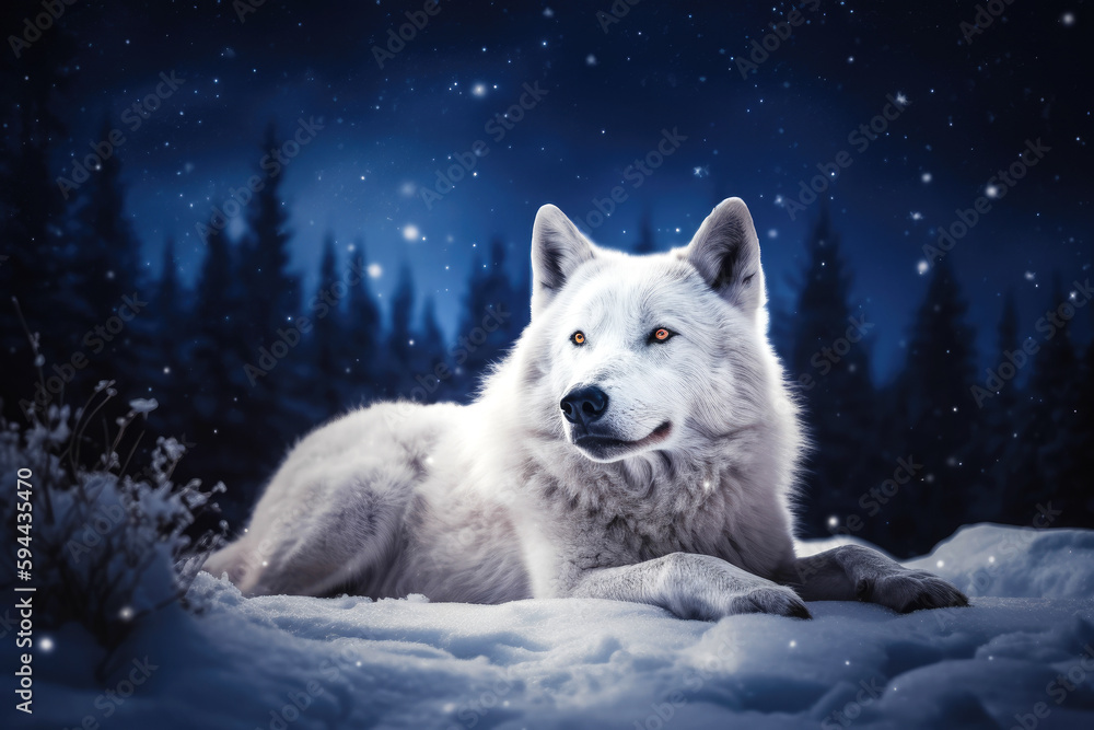 White Wolf Laying on the Snow. AI generative. Snowing Night.