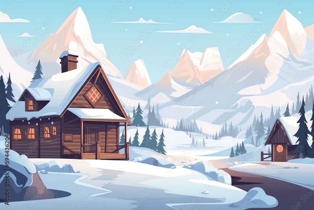 North pole landscape with wooden house and snow mountains. Christmas holiday. Generative AI