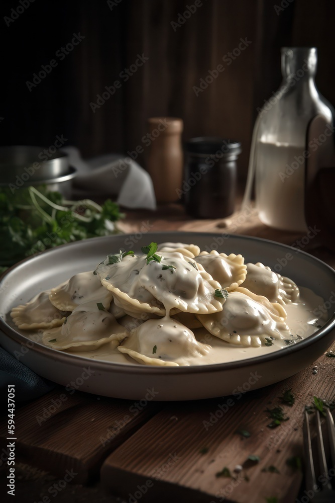 Ravioli with cream mushroom sauce and basil on big white plate. rustic style.Generative AI