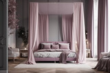 Cozy bedroom for woman, lilac light colors. Super photo realistic background, generative ai illustration