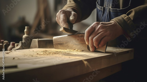 Hands of craftsman carve with a gouge in the hands on the workbench in carpentry. Generative Ai