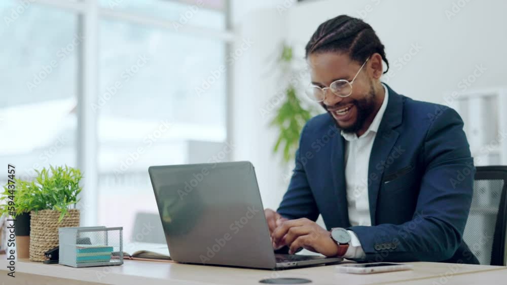 Laptop, winner and celebration of black man in office for goal, target or achievement. Success, computer and happy business person celebrate winning competition, promotion or bonus prize while typing Laptop, winner and celebration of black man in office for goal, target or achievement. Success, computer and happy business person celebrate winning competition, promotion or bonus prize while typing