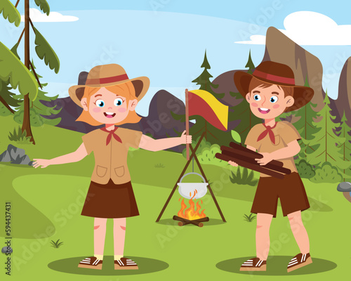 Vector illustration of cute boy and girl scouts in the forest. Cartoon scene with a smiling girl with a flag and a boy carrying firewood for cooking, and a campfire with a cauldron.