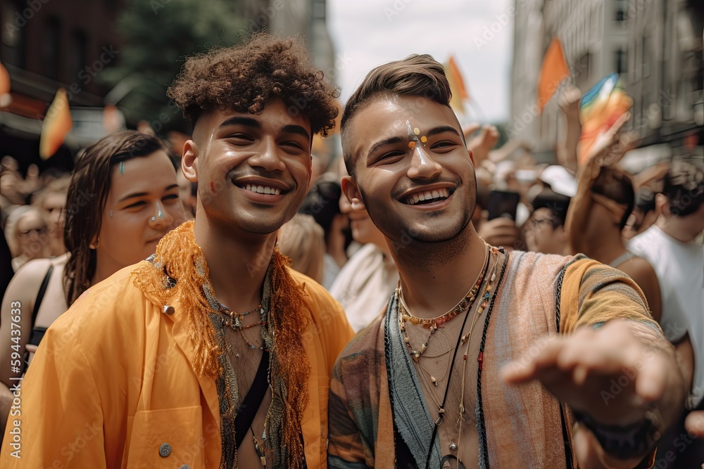 Young gay couple celebrating freedom and happiness at a pride parade 