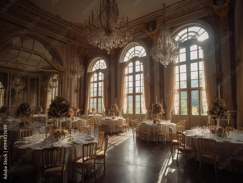 Fototapeta premium Lavish banquet in grand castle hall, elegant furniture and tableware, stunning interior design with window and ceiling decorations, perfect for events and celebrations, generative AI.