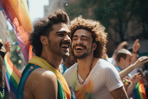 Young gay couple celebrating freedom and happiness at a pride parade  © CojanAI