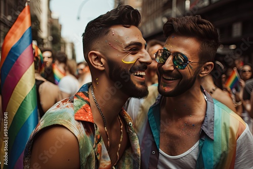 Gay couple dancing at a pride parade © CojanAI
