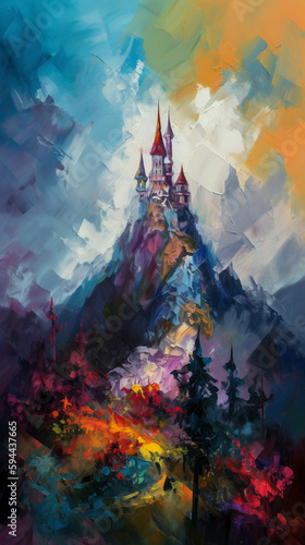 Majestic castle with towering spire, purple atmospheric painting, natural landscape with tree, perfect for art and design projects, generative AI.