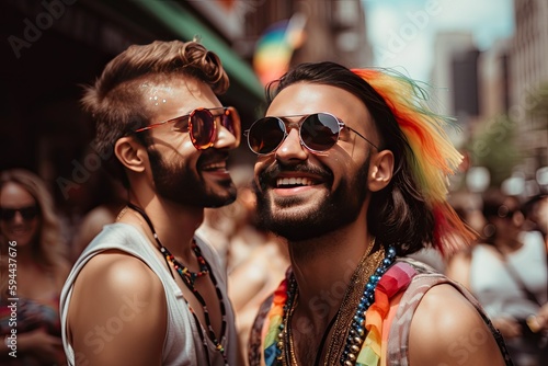 Gay couple having fun and dancing at a Pride Parade
