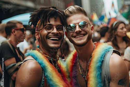 Young gay couple celebrating at a pride parade.