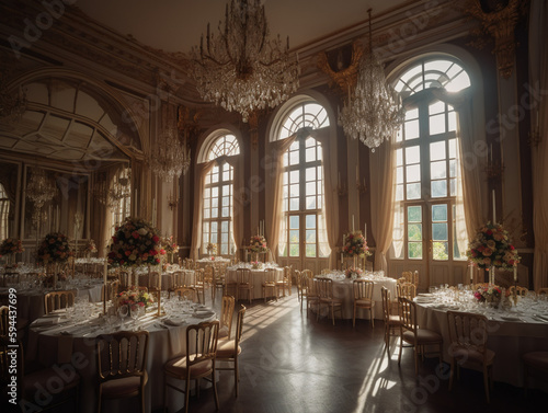 Lavish banquet in grand castle hall, elegant furniture and tableware, stunning interior design with window and ceiling decorations, perfect for events and celebrations, generative AI. © Marcos