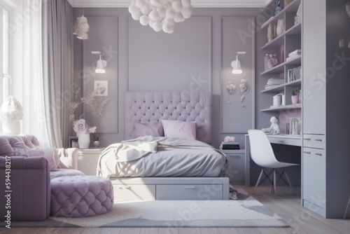 Cozy modern children bedroom for girl  lilac light colors. Super photo realistic background  generative ai illustration