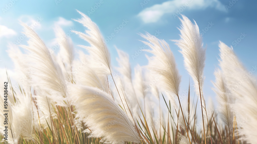Obraz premium Pampas grass in the sky, Abstract natural background of soft plants Cortaderia selloana moving in the wind. Generative Ai