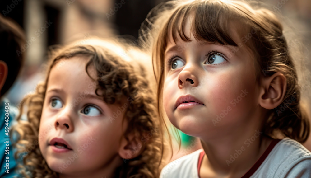 two little girls, couple of girls with long and curly hair, looking with admiring face, image created with ai two little girls, couple of girls with long and curly hair, looking with admiring face, image created with ai