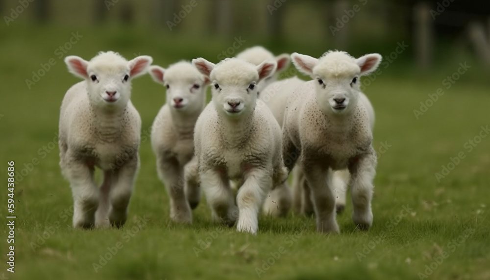 Fluffy white lamb in meadow with ewe generated by AI Fluffy white lamb in meadow with ewe generated by AI