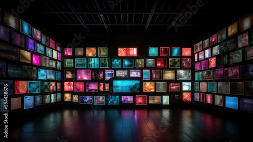Wall of different size TV with glowing screens. Generative Ai