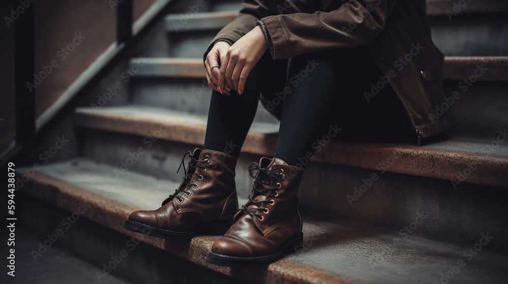 Woman wearing trench coat sitting on staircase and tying shoelace on her ankle boot. Autumn fashion collection. Generative Ai Woman wearing trench coat sitting on staircase and tying shoelace on her ankle boot. Autumn fashion collection. Generative Ai