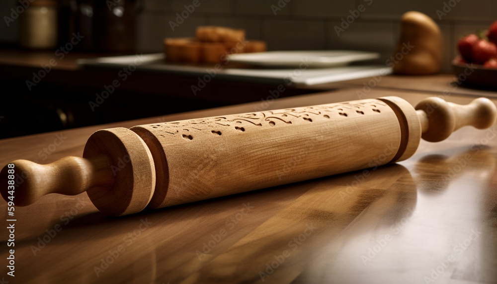 Fototapeta premium Rolling pin and flour create homemade bread generated by AI