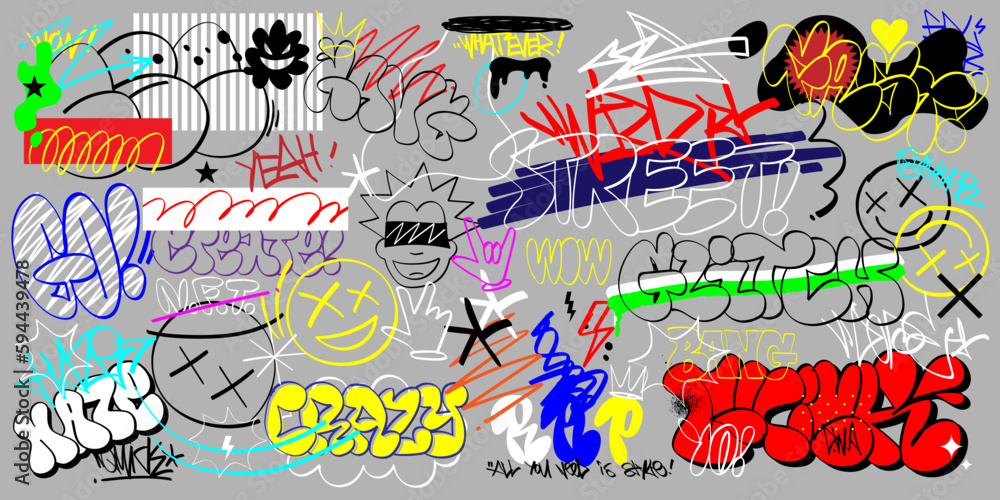 graffiti street art vector lettering set , rap music hip hop culture design elements