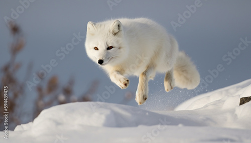 Fluffy purebred dog jumping, playing in snow generated by AI