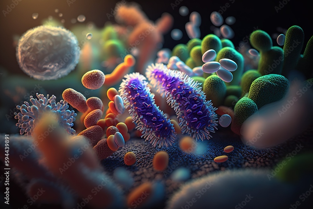 Obraz premium Probiotics Bacteria . Biology, Science Microscopic medicine. Digestion stomach escherichia coli, treatment, Health care medication, anatomy organism. Generative AI.