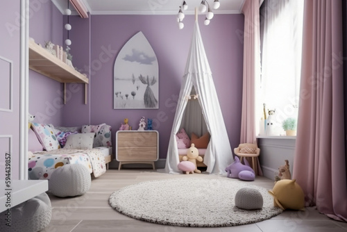 Cozy modern children bedroom for girl  lilac light colors. Super photo realistic background  generative ai illustration