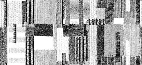 Monochrome texture composed of irregular graphic elements. Distressed uneven grunge background. Abstract vector illustration. Overlay for interesting effect and depth. Isolated on white background.