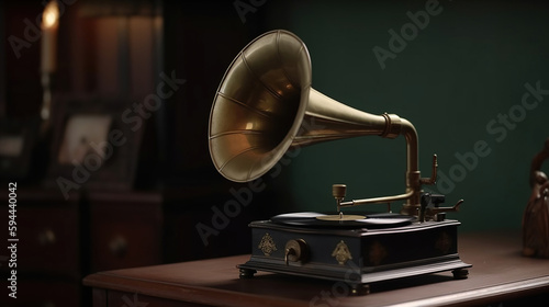 Vintage antique gramophone phonograph turntable with brass horn. Generative Ai