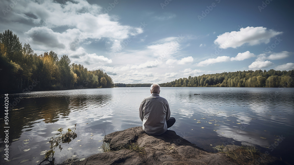 senior man pensioner sitting by lake in nature, doing yoga exercise. Generative Ai