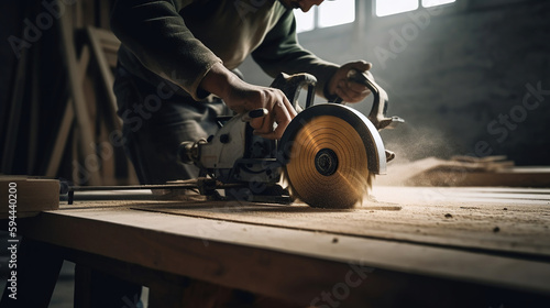carpenter using a circular saw to cut a large board of wood. Generative Ai