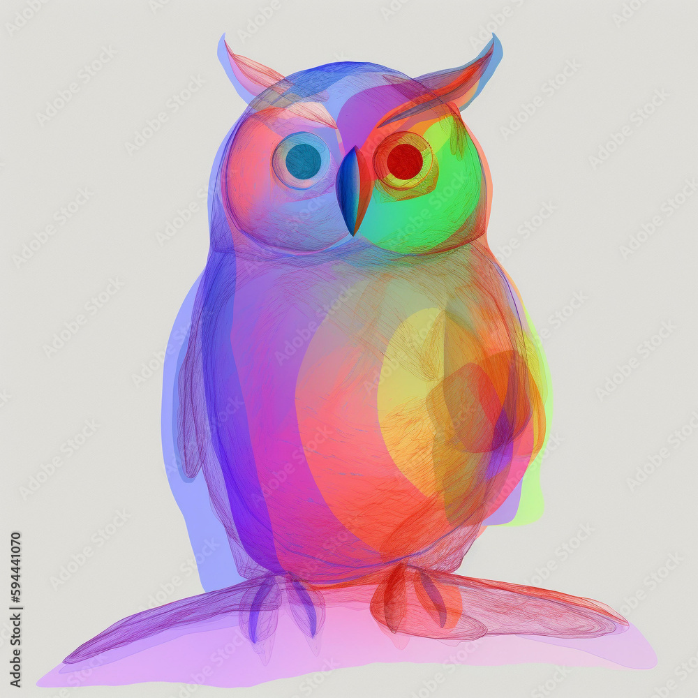 Fototapeta premium Owl Technicolor Colorful Neon White Background Generative AI