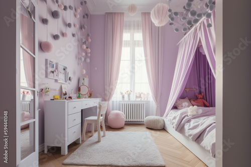 Cozy modern children bedroom for girl  lilac light colors. Super photo realistic background  generative ai illustration