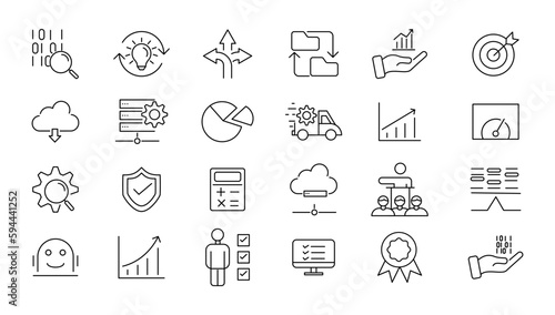 Big data analysis thin line icon set. Data processing outline pictograms for website and mobile app GUI. Digital analytics simple UI, UX vector icons