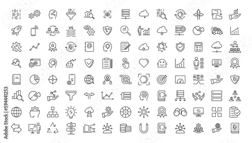  Big data analysis thin line icon set. Data processing outline pictograms for website and mobile app GUI. Digital analytics simple UI, UX vector icons