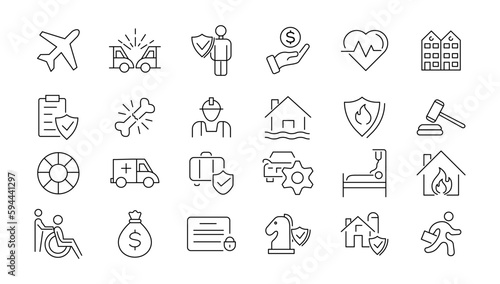  Insurance elements - minimal thin line web icon set. Outline icons collection. Simple vector illustration