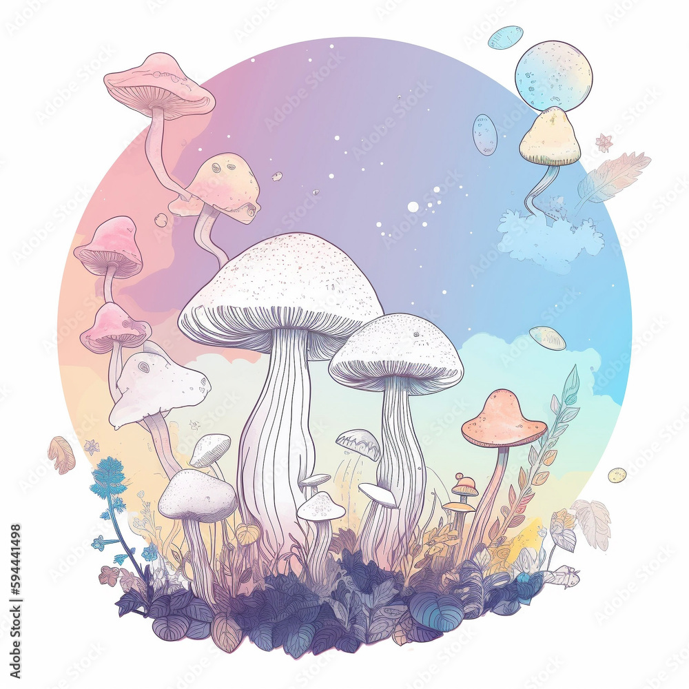 Mushroom and Moon Iridescent Circle on White with Stars Galaxy Space Generative AI Mushroom and Moon Iridescent Circle on White with Stars Galaxy Space Generative AI