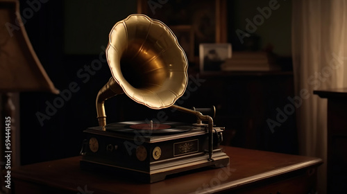 Vintage antique gramophone phonograph turntable with brass horn. Generative Ai