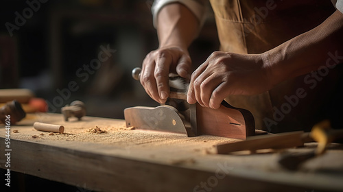 Hands of craftsman carve with a gouge in the hands on the workbench in carpentry. Generative Ai