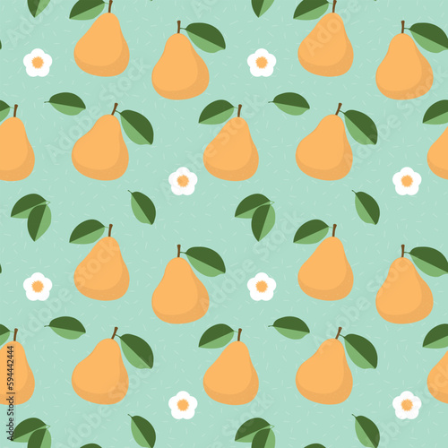 Yellow pears seamless pattern. Fruit with leaf and flower repeat on blue background. Modern design for paper, fabric, gift wrap, cover, interior decoration, wall art. Vector illustration.