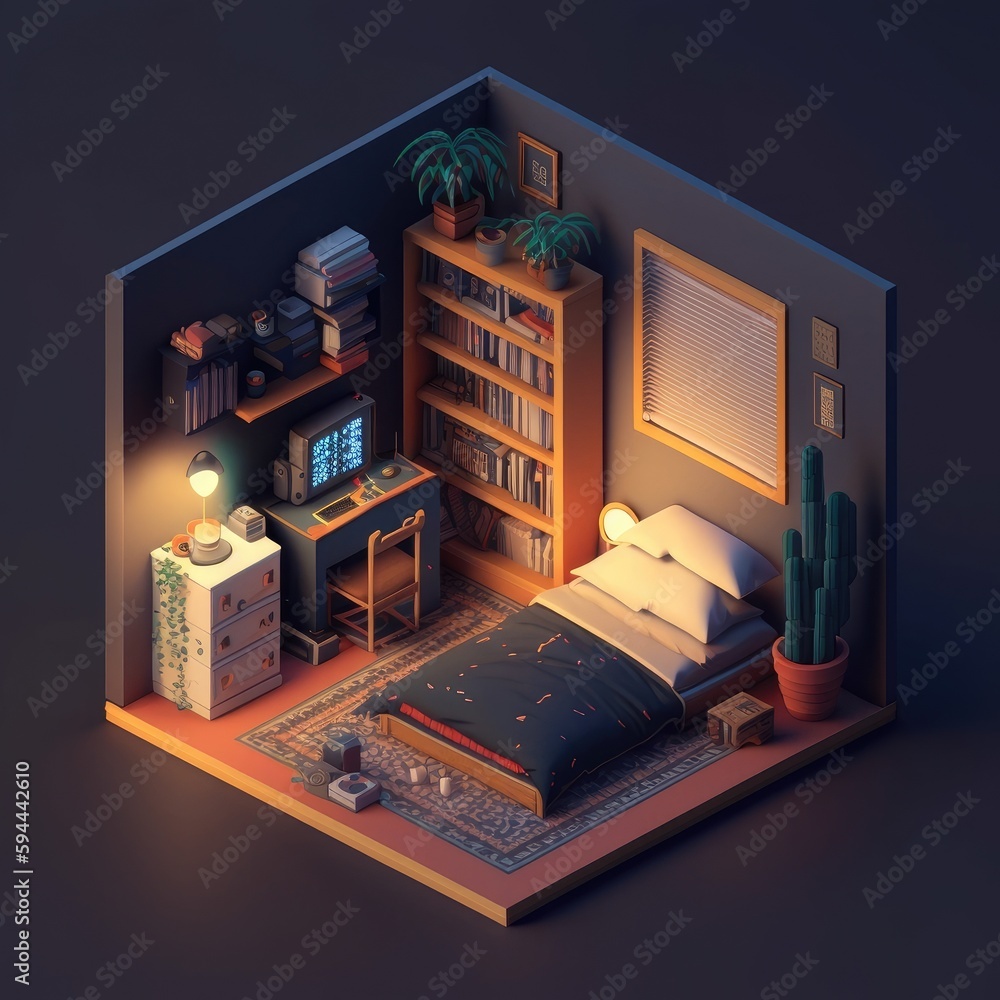 Isometric Bedroom interior design with window, bookshelf, and desktop ...