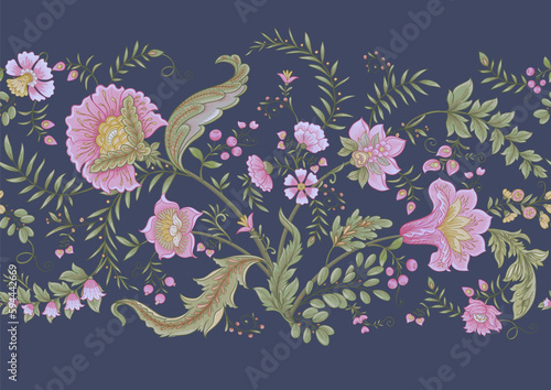 Fantasy flowers in retro, vintage, jacobean embroidery style. Seamless pattern, background. Vector illustration.