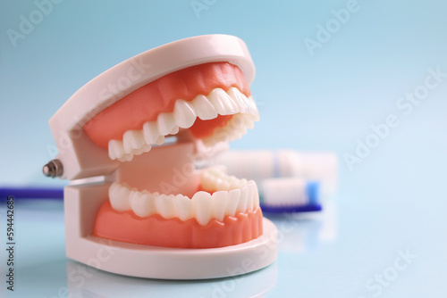 Dentist's tools and a dental model of teeth on a blue background close up 