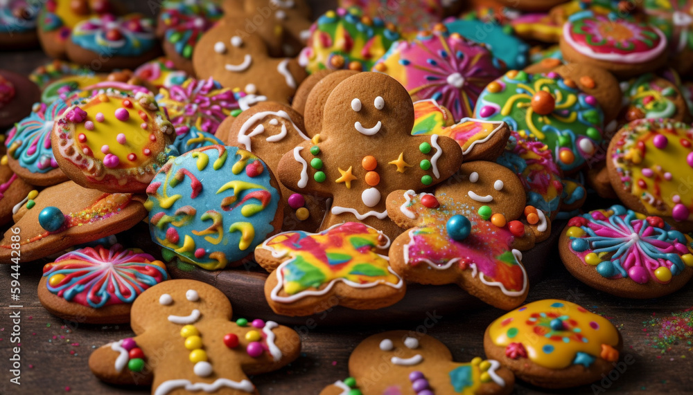 Decorative gingerbread snowmen topped with sugary snowflakes generated by AI