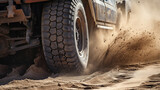 Motion the wheels tires and off-road that goes in the dust of the desert through the wheels on the sand. Generative Ai