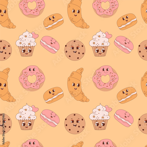 Groovy tasty retro seamless pattern. Cute cartoon pastries and desserts on yellow background. Vector Illustration for wallpaper  design  textile  packaging  decor  kids collection.