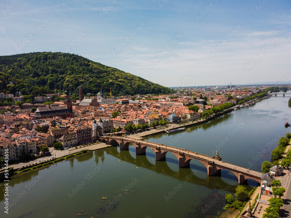 Aerial view by drone Heidelberg Baden-Wurtemberg Bridge Neckar Germany
