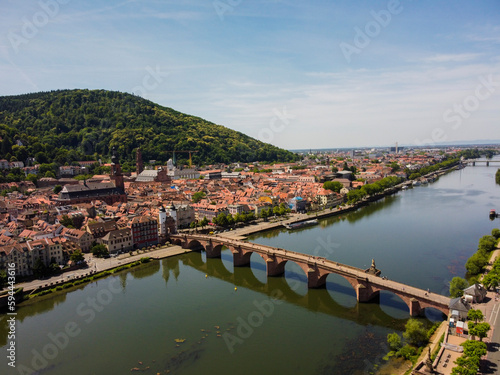 Aerial view by drone Heidelberg Baden-Wurtemberg Bridge Neckar Germany photo