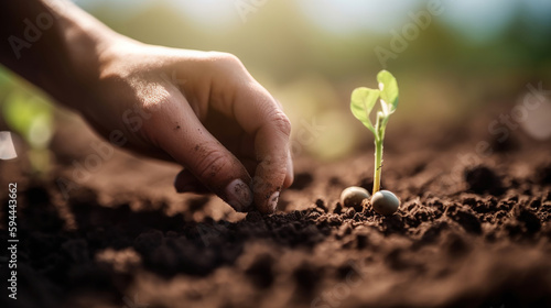 Hands of farmer growing and nurturing tree growing on fertile soil. Generative Ai