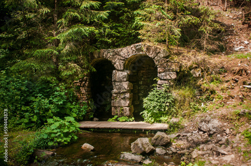Stone bridge by the river, green firs by the bridge