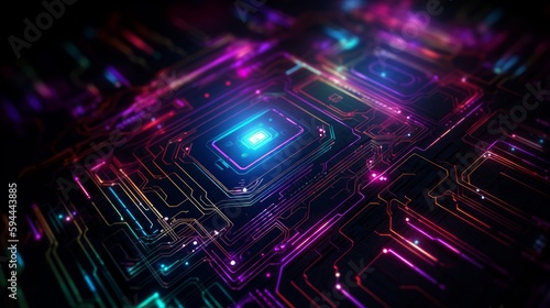 Technology background made with glowing computer circuits and geometric shapes. Generative AI. 